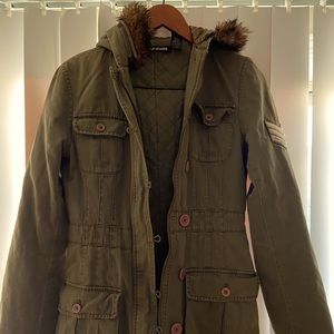 DKNY Olive Green Hooded Utility Jacket Faux Fur